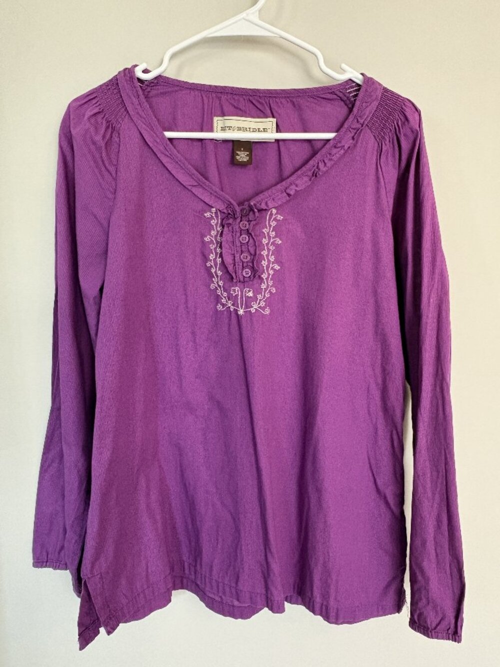 Bit & Bridle Women Small Purple Boho Peasant Embroidered Cotton Top Cottagecore